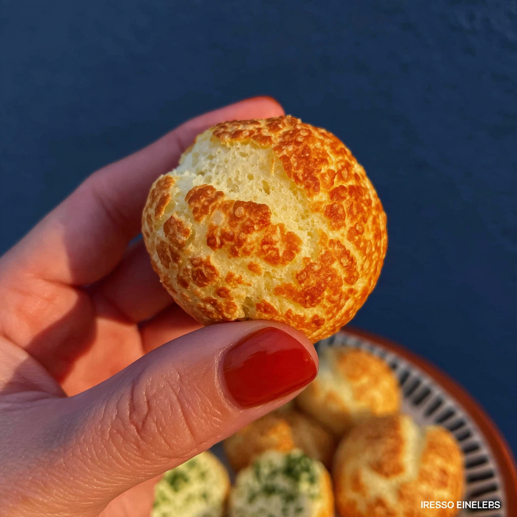 A hand holding a single warm pão de queijo close to camera