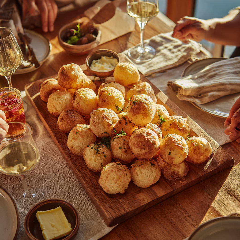 A generous wooden serving board piled with golden pão de queijo
